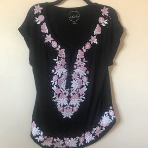 INC Hand Embroidered Top. Short sleeve. Large. Black